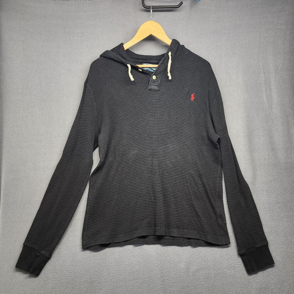 Polo Ralph Lauren Hoodie Mens Large Black Waffle Thermal Henley Red Pony Logo
